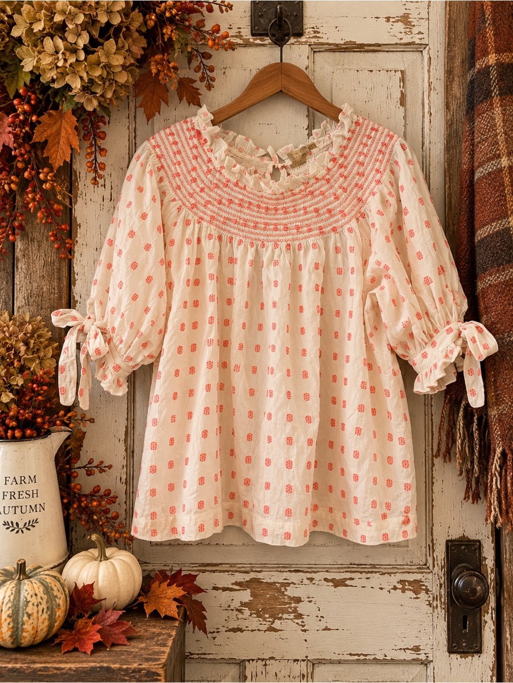 Farmers Market Smocked Babydoll Top XL Pink Ivory Puff Sleeve Tie Cuff